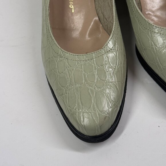 Vintage Salvatore Ferragamo Wedge Pumps Croc Embossed Leather Nile Green Sz 8.5 - Picture 11 of 16